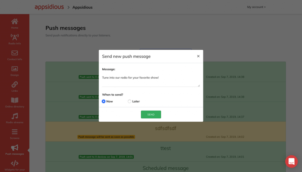 Push message in the pop-up configuration